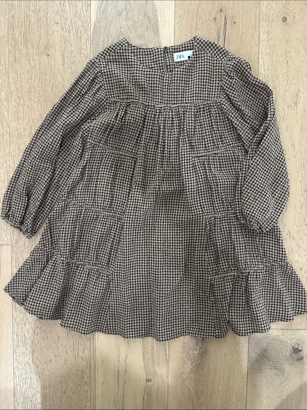 Zara Kids Brown & Black Check Tiered Long-Sleeve Dress